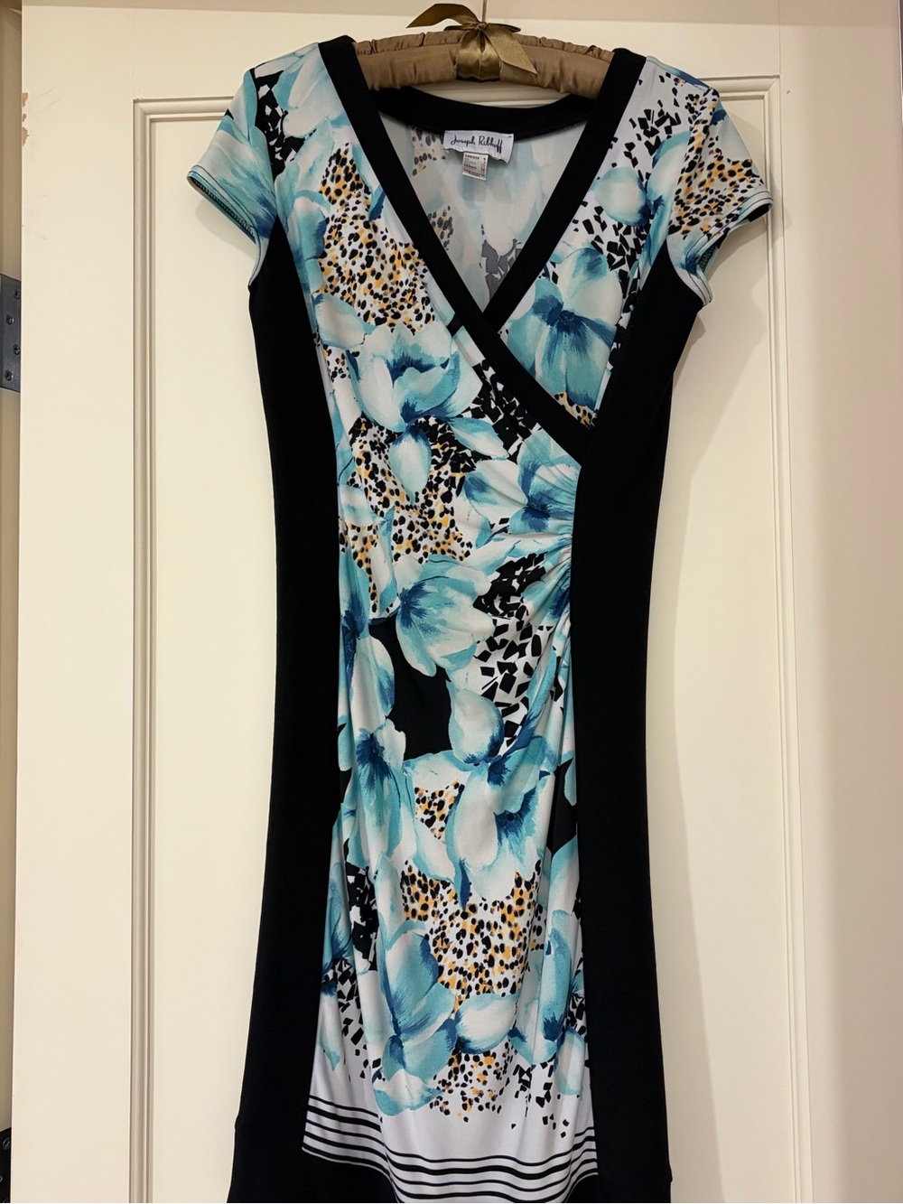 Joseph Ribkoff Black & Aqua Floral Faux-Wrap Midi Dress